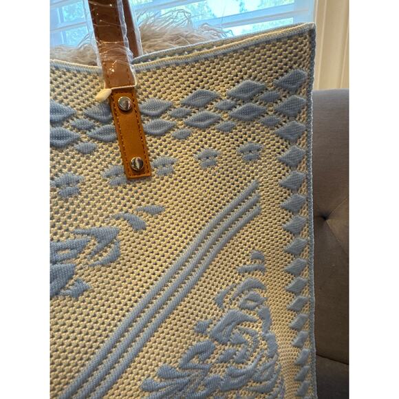 Women's Knitted Textured Tote Bag with Crochet Design Blue | SAME DAY SHIP - Picture 2 of 4